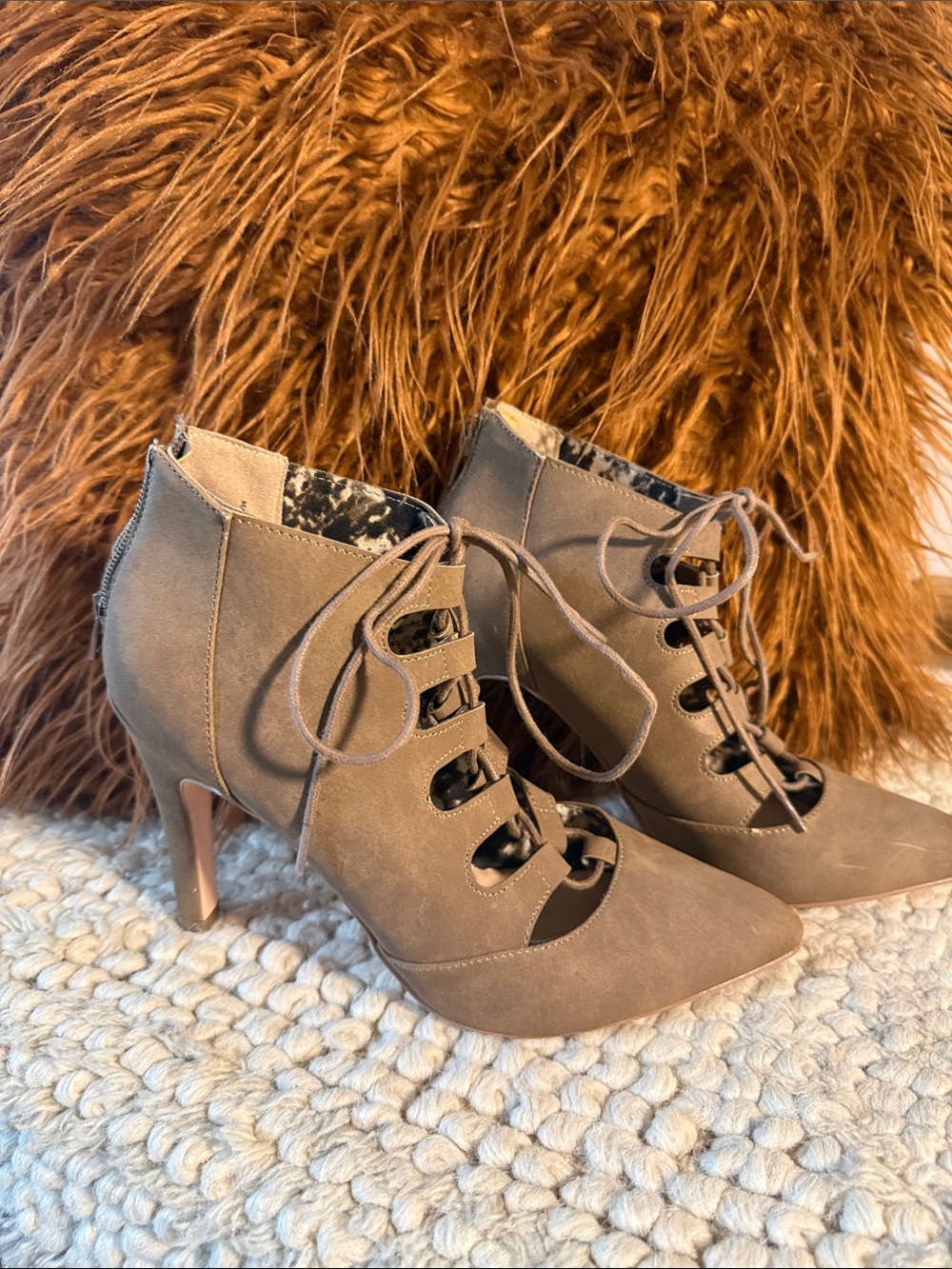 Restricted Taupe Lace-Up Pointed Toe Heel Booties